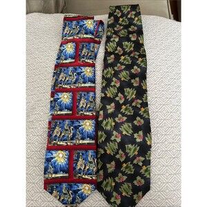 2 100% Silk Holiday Tie Set John Ashford Stained Glass Jos. A. Bank Trees Holly